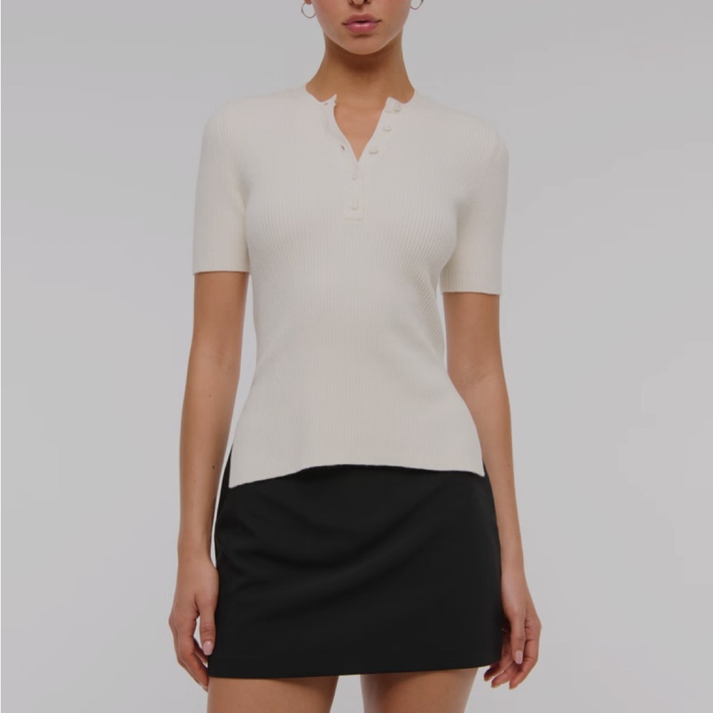 Women's Cream Short Sleeve Top Abercrombie Classic Beige Ribbed Sweater Henley